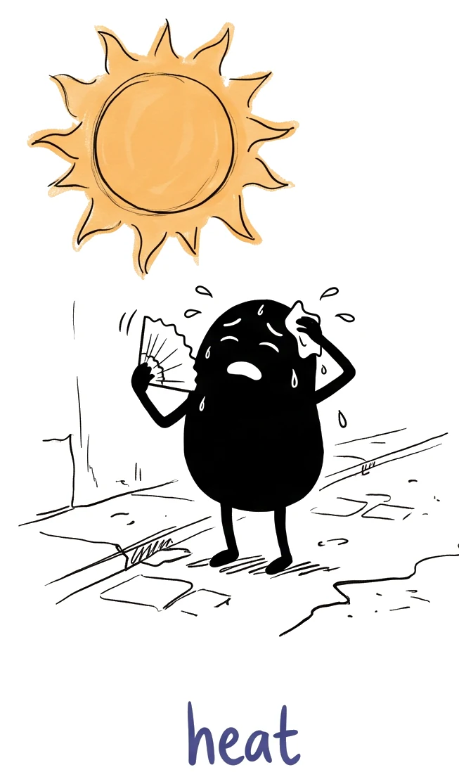 A hand-drawn figure fanning itself under a hot sun