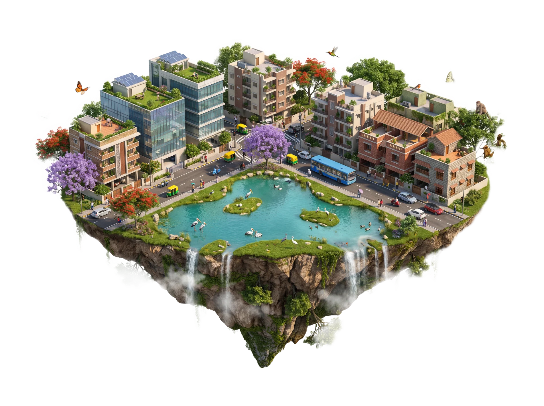An illustrated Bengaluru neighbourhood shown as a living island, with buildings, a lake, trees, birds and butterflies, and waterfalls off the edges